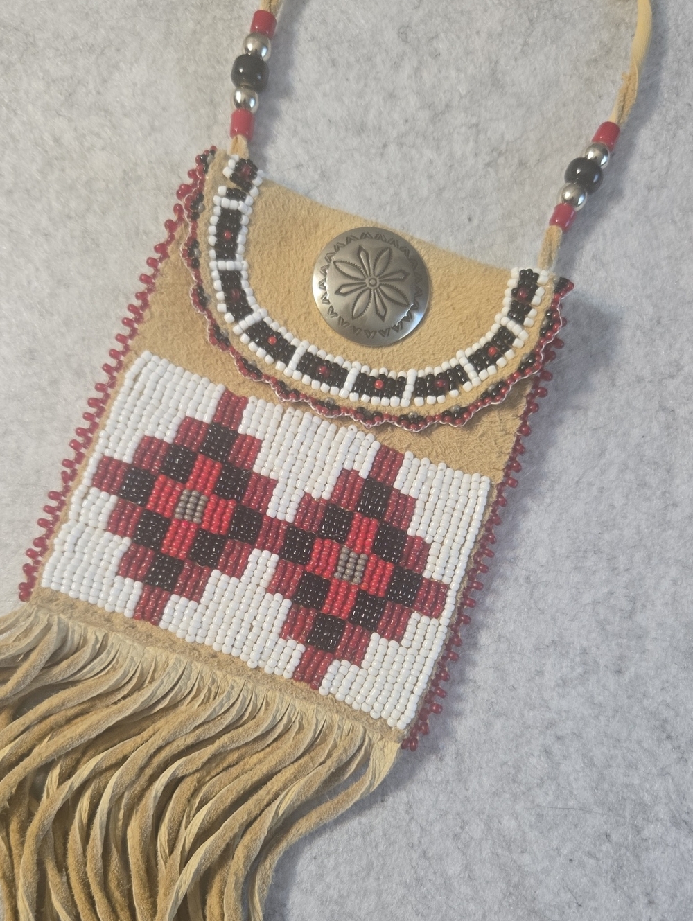 Handcrafted Tan Suede Bead Fringe Crossbody Bag with Red Accent